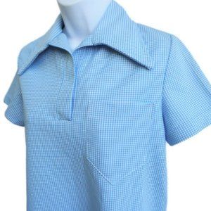 Vintage 70s Shirt Double Knit Houndstooth Henley Snap Dagger Collar Pocket